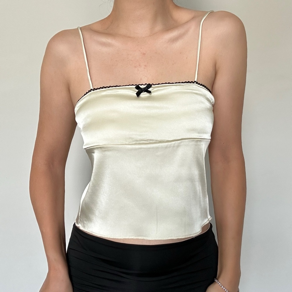 Elegant Cream Satin Top with Black Trim